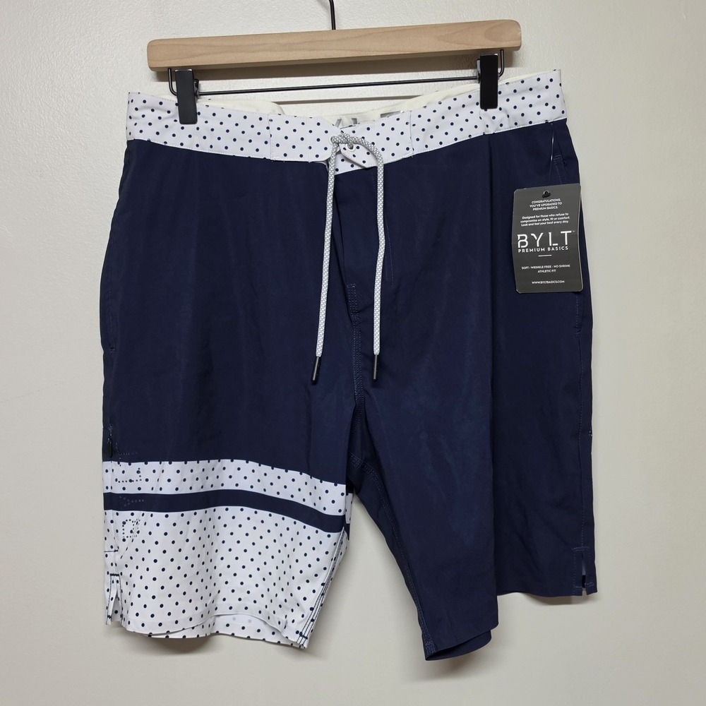 BYLT Coastal Board Shorts Men's L Large Navy Blue Polka Dot Bathing Suit Stretch
